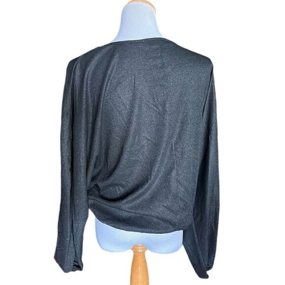 NWT Womens Just Fab JustFab Metallic Shimmer Black Ribbed Faux Wrap Top Blouse M - Picture 3 of 3